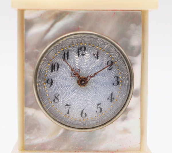 +Swiss 1920 Art Deco Miniature Carriage Clock In Sterling Silver With White Nacre