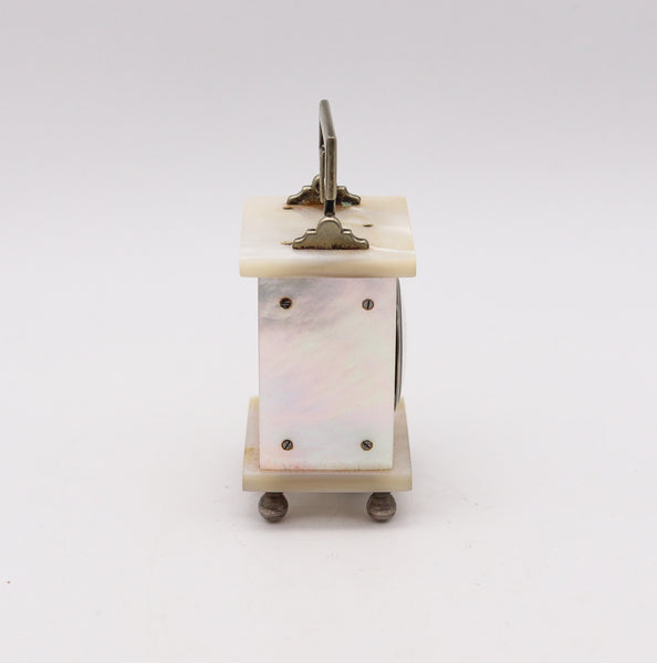 +Swiss 1920 Art Deco Miniature Carriage Clock In Sterling Silver With White Nacre