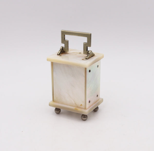 +Swiss 1920 Art Deco Miniature Carriage Clock In Sterling Silver With White Nacre