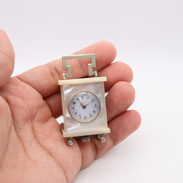 +Swiss 1920 Art Deco Miniature Carriage Clock In Sterling Silver With White Nacre