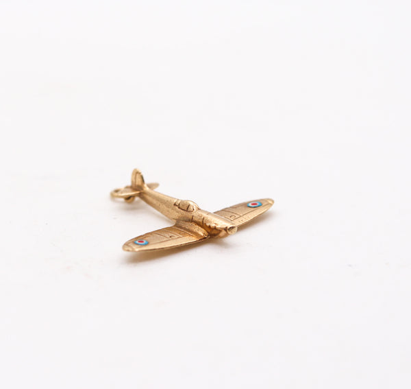 -England 1950 Post War Enameled Airplane Pendant Charm In 9Kt Yellow Gold