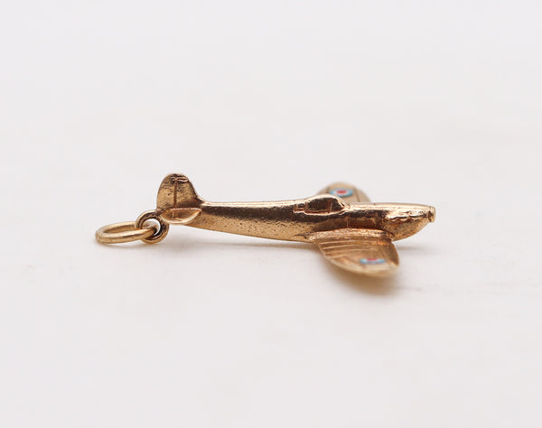 -England 1950 Post War Enameled Airplane Pendant Charm In 9Kt Yellow Gold