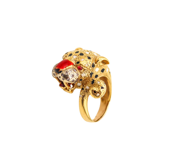 FRASCAROLO Milano Enameled Tiger Cocktail Ring in 18Kt Gold With Diamonds & Rubies