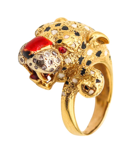 FRASCAROLO Milano Enameled Tiger Cocktail Ring in 18Kt Gold With Diamonds & Rubies