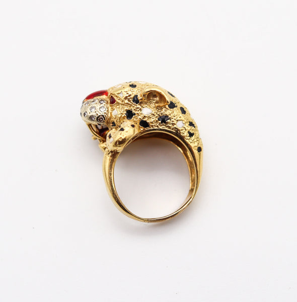 FRASCAROLO Milano Enameled Tiger Cocktail Ring in 18Kt Gold With Diamonds & Rubies