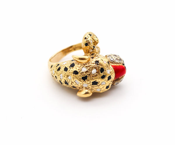 FRASCAROLO Milano Enameled Tiger Cocktail Ring in 18Kt Gold With Diamonds & Rubies