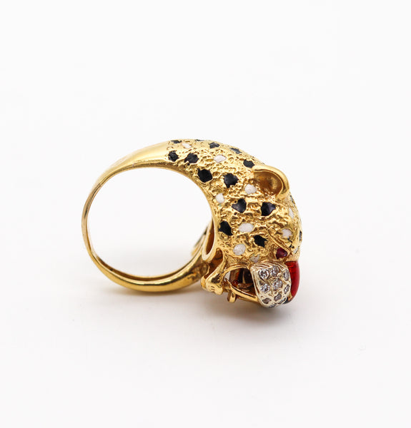 FRASCAROLO Milano Enameled Tiger Cocktail Ring in 18Kt Gold With Diamonds & Rubies