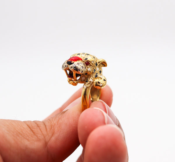 FRASCAROLO Milano Enameled Tiger Cocktail Ring in 18Kt Gold With Diamonds & Rubies