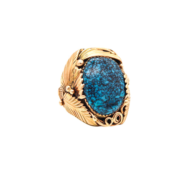 EUNICE J. TSO Navajo Native American Feathers Cocktail Ring 14Kt Gold & Turquoise