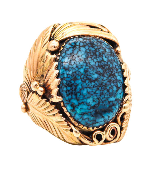 EUNICE J. TSO Navajo Native American Feathers Cocktail Ring 14Kt Gold & Turquoise