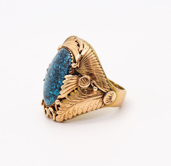 EUNICE J. TSO Navajo Native American Feathers Cocktail Ring 14Kt Gold & Turquoise