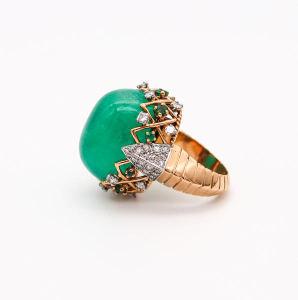 PIERRE STERLE 1955 Cocktail Ring 18Kt Gold-Platinum 43.49 Ctw Emerald & Diamonds