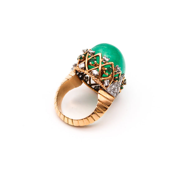 PIERRE STERLE 1955 Cocktail Ring 18Kt Gold-Platinum 43.49 Ctw Emerald & Diamonds