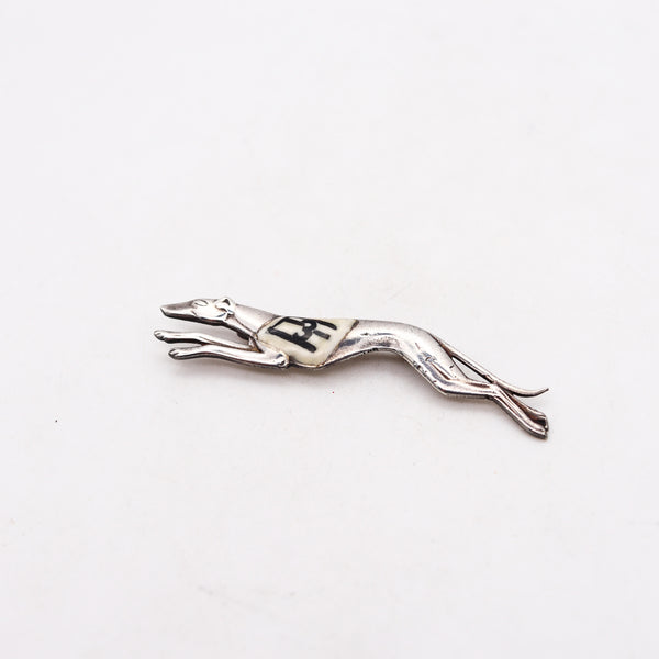 -German 1925 Art Deco Enameled No-3 Greyhound Dog Pin Brooches In Sterling Silver