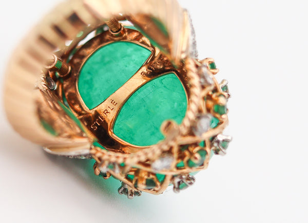 PIERRE STERLE 1955 Cocktail Ring 18Kt Gold-Platinum 43.49 Ctw Emerald & Diamonds