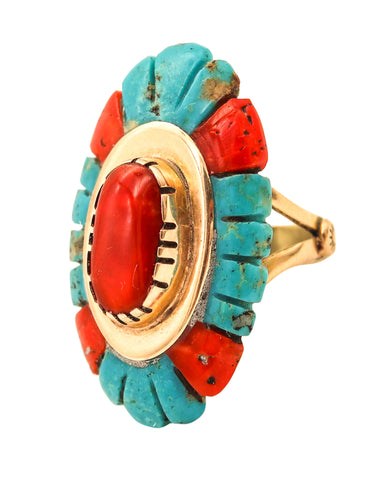 ZUNI ARTIST Cocktail Ring In 14Kt Yellow Gold With Carved Corals & Turquoises