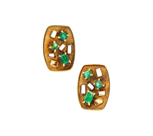 -Bruno Guidi 1970 Retro Modernist Earrings In 18Kt Gold With 4.45 Ctw In Emeralds