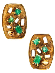 -Bruno Guidi 1970 Retro Modernist Earrings In 18Kt Gold With 4.45 Ctw In Emeralds