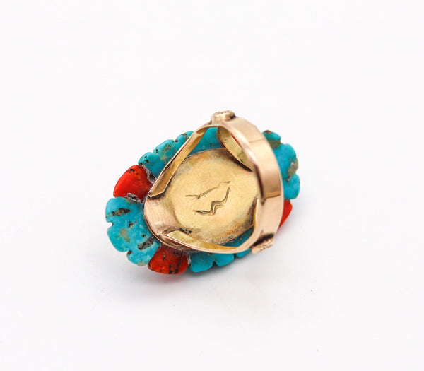 ZUNI ARTIST Cocktail Ring In 14Kt Yellow Gold With Carved Corals & Turquoises