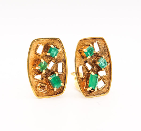 -Bruno Guidi 1970 Retro Modernist Earrings In 18Kt Gold With 4.45 Ctw In Emeralds