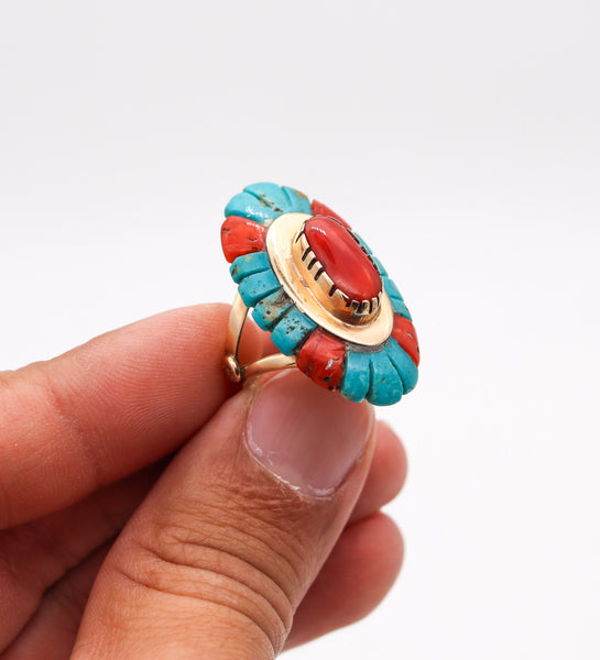 ZUNI ARTIST Cocktail Ring In 14Kt Yellow Gold With Carved Corals & Turquoises