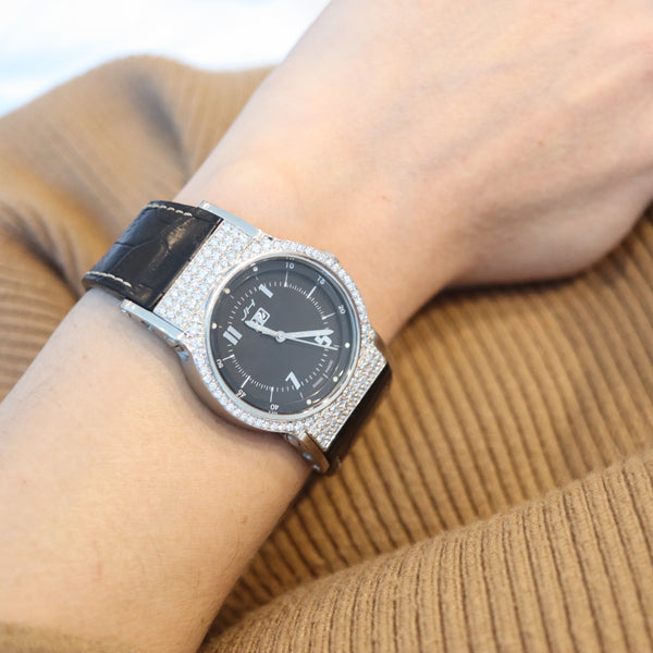 JORG HYSEK Automatic AN03 Black Wrist Watch Stainless Steel & 4.40 Ctw Diamonds