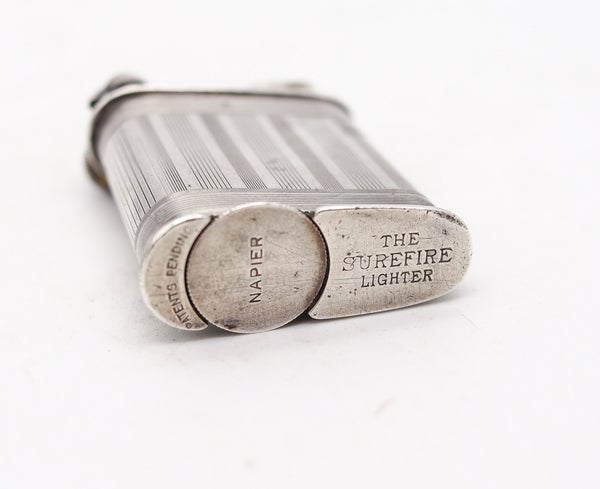 NAPIER 1928 Art Deco Surefire Asymmetric Pocket Petrol Lighter In .925 Sterling Silver