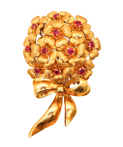 TIFFANY & CO. 1950 Bouquet Brooch In 18Kt Yellow Gold With Vivid Red Rubies