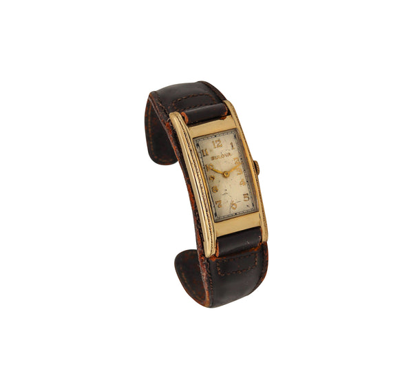-Bulova President 1937 Art Deco Curvex Back In 14Kt Gold With Leather Cuff Bracelet