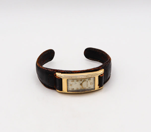 -Bulova President 1937 Art Deco Curvex Back In 14Kt Gold With Leather Cuff Bracelet