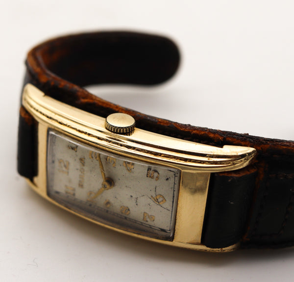-Bulova President 1937 Art Deco Curvex Back In 14Kt Gold With Leather Cuff Bracelet