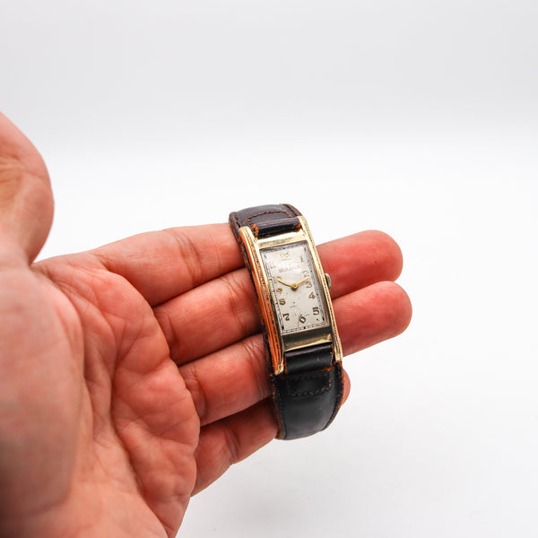 -Bulova President 1937 Art Deco Curvex Back In 14Kt Gold With Leather Cuff Bracelet