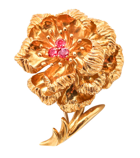 TIFFANY & CO. 1960 Flower Brooch In 18Kt Yellow Gold With Vivid Red Rubies