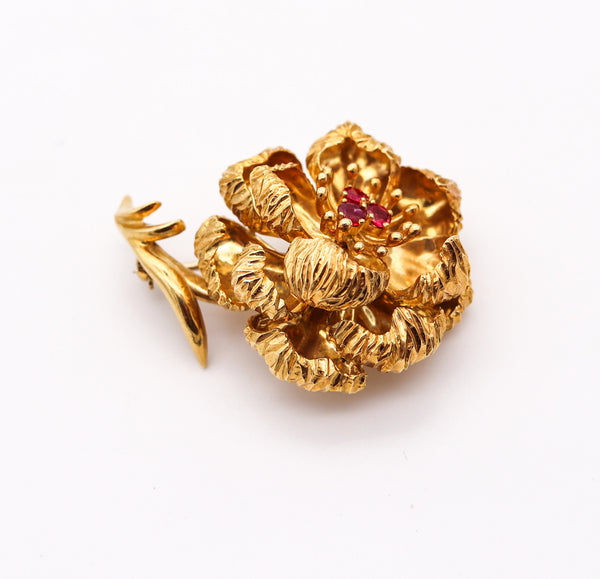 TIFFANY & CO. 1960 Flower Brooch In 18Kt Yellow Gold With Vivid Red Rubies