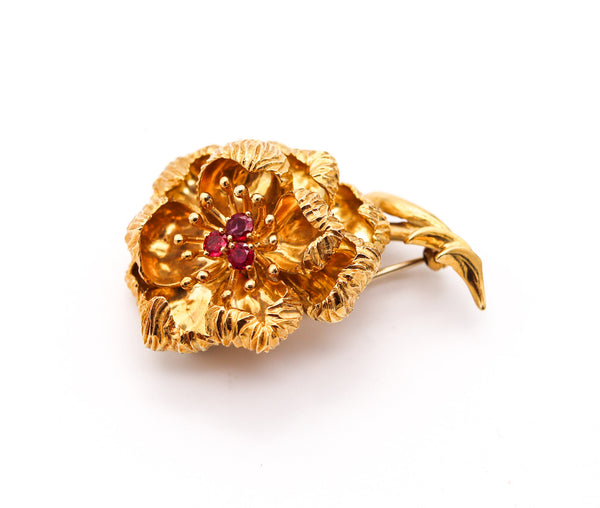 TIFFANY & CO. 1960 Flower Brooch In 18Kt Yellow Gold With Vivid Red Rubies