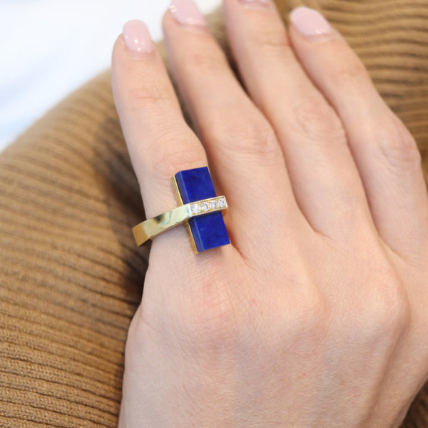 McTEIGUE 1970 French Geometric Ring 18Kt Yellow Gold With Diamonds & Lapis Lazuli