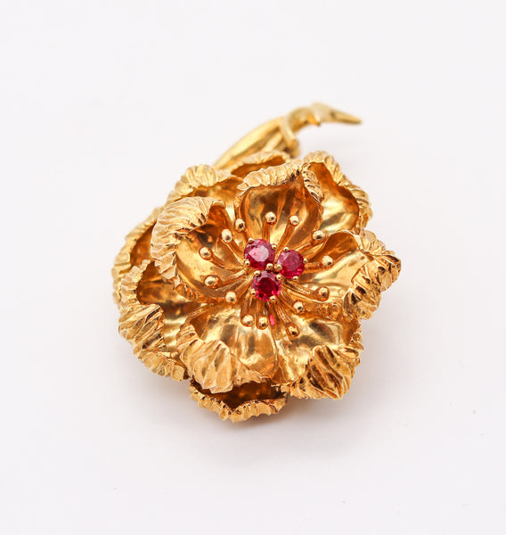 TIFFANY & CO. 1960 Flower Brooch In 18Kt Yellow Gold With Vivid Red Rubies