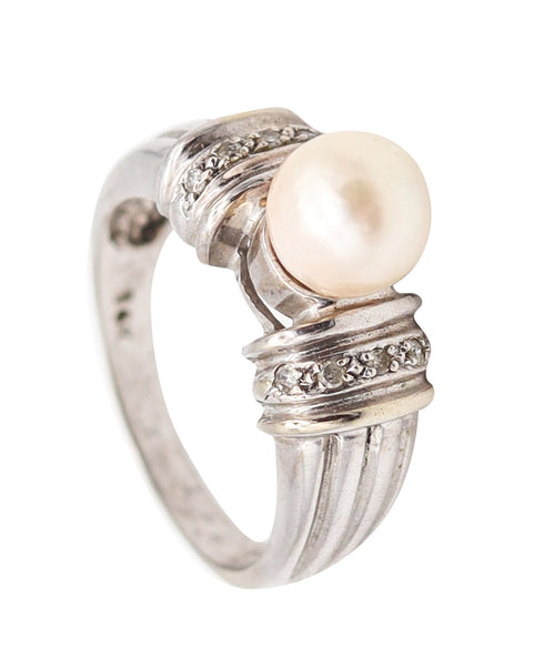 CLASSIC Italian Ring In 14Kt White Gold With White Diamonds And Round Pearl