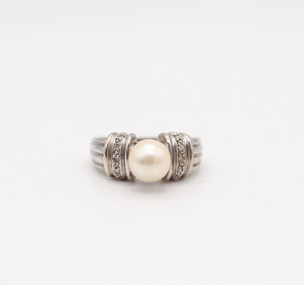 CLASSIC Italian Ring In 14Kt White Gold With White Diamonds And Round Pearl