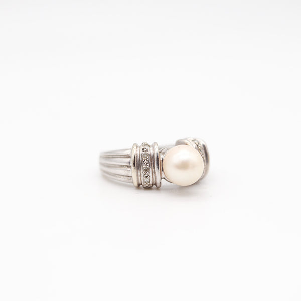 CLASSIC Italian Ring In 14Kt White Gold With White Diamonds And Round Pearl