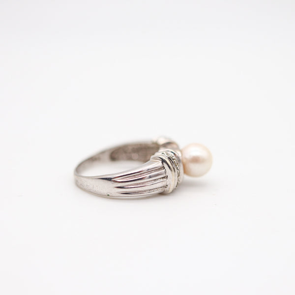 CLASSIC Italian Ring In 14Kt White Gold With White Diamonds And Round Pearl