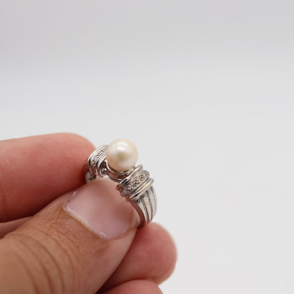 CLASSIC Italian Ring In 14Kt White Gold With White Diamonds And Round Pearl