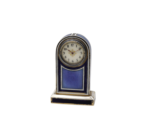 -Edwardian 1905 Neo Classic Guilloché Enamel Miniature Boudoir Clock In .925 Sterling