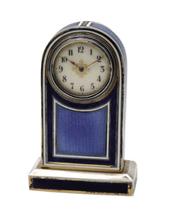 -Edwardian 1905 Neo Classic Guilloché Enamel Miniature Boudoir Clock In .925 Sterling