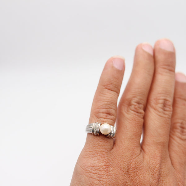 CLASSIC Italian Ring In 14Kt White Gold With White Diamonds And Round Pearl