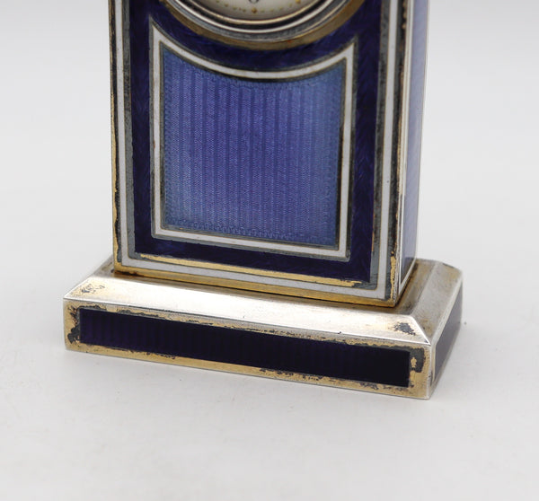 -Edwardian 1905 Neo Classic Guilloché Enamel Miniature Boudoir Clock In .925 Sterling