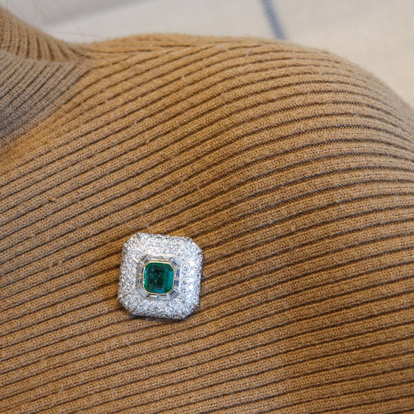 CHAUMET Paris 1930 Deco Pendant Brooch Platinum And 11.49 Ctw Emerald & Diamonds