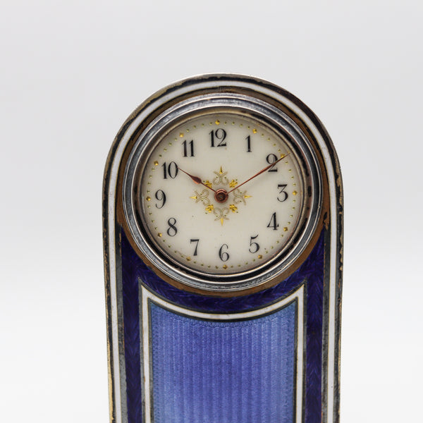 -Edwardian 1905 Neo Classic Guilloché Enamel Miniature Boudoir Clock In .925 Sterling