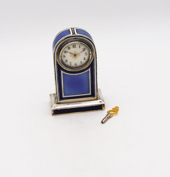 -Edwardian 1905 Neo Classic Guilloché Enamel Miniature Boudoir Clock In .925 Sterling