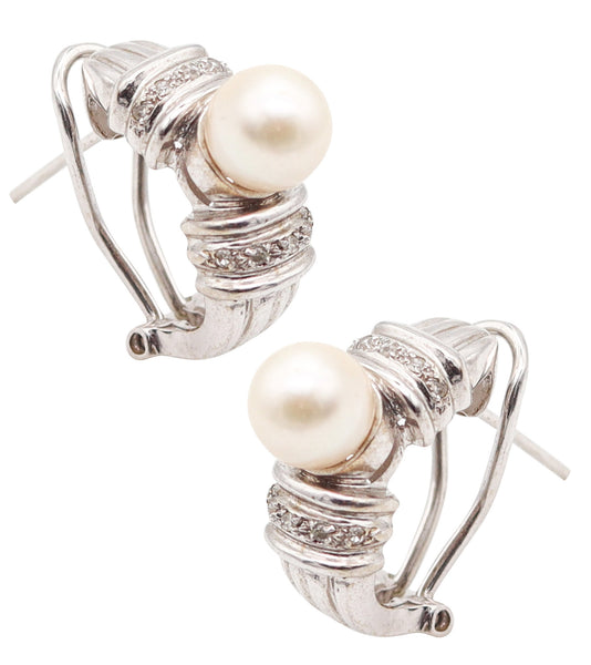 CLASSIC Italian Earrings In 14Kt White Gold With White Diamonds And Round Pearls